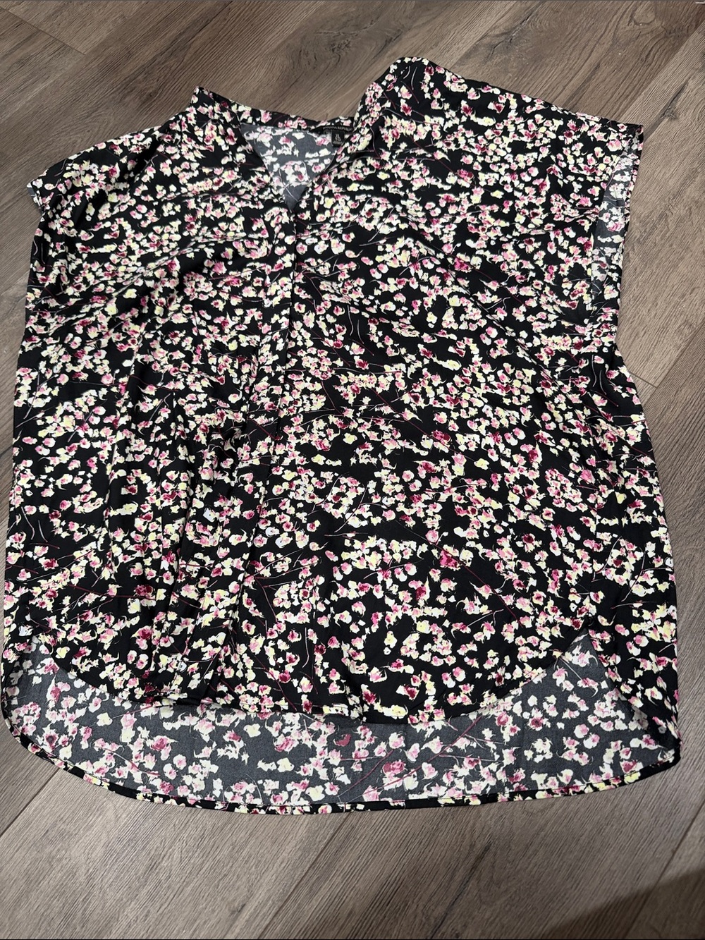 Banana Republic Black Floral V-Neck Blouse with Pink and Cream Flowers